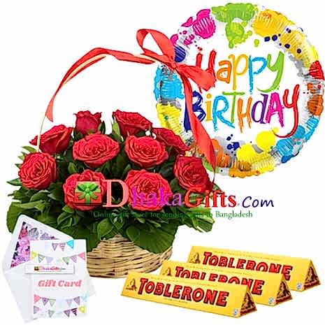 buy online red roses baskect,balloon with chocolates to dhaka