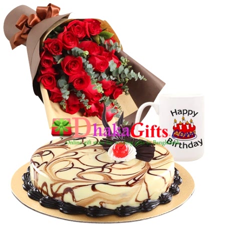 24 pcs red roses bouquet with cake and mug to dhaka