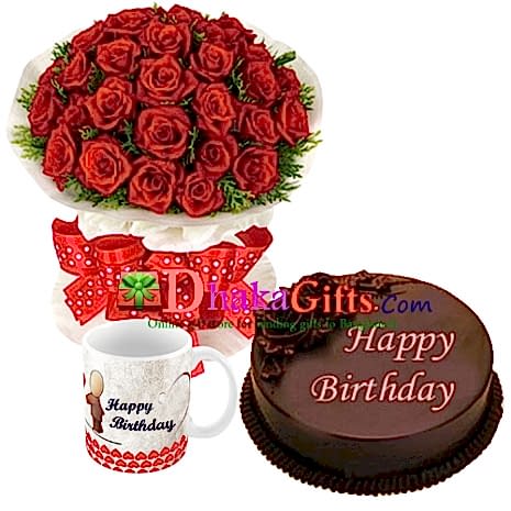 red roses bouquet with mug and cake send to dhaka