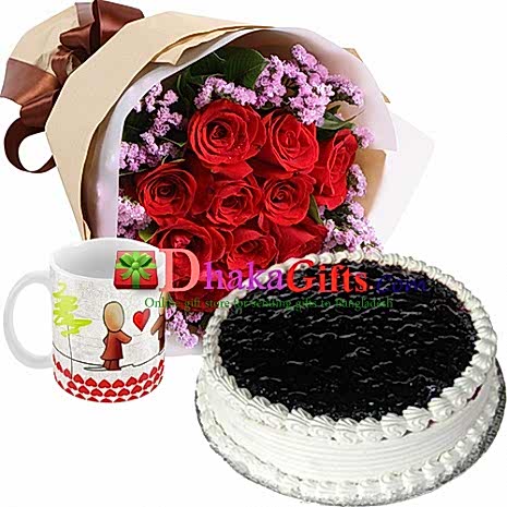 red roses bouquet and mug with cake to dhaka