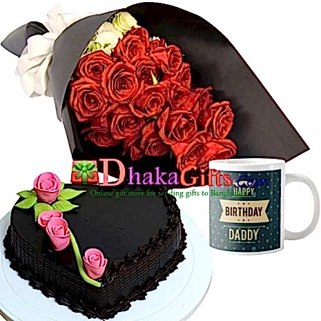 24 red roses bouquet and decorated mug with cake to dhaka