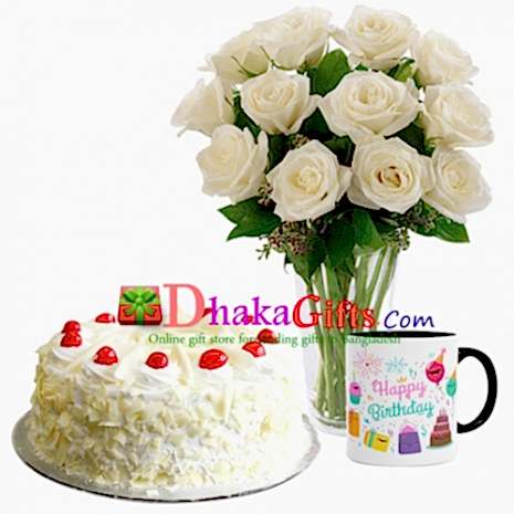 one dozen white roses in vase, mug with cake send to dhaka