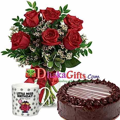 send 6 pcs red roses in vase and mug with cake to dhaka