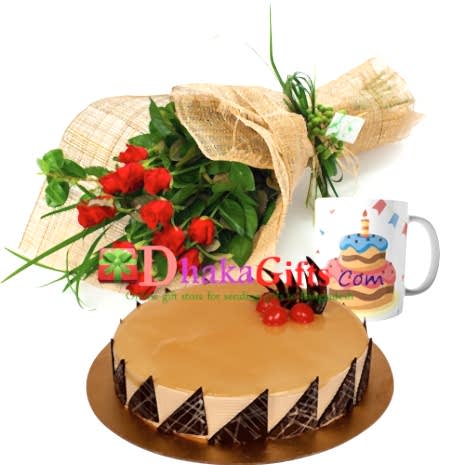send one dozen red roses bouquet, mug with cake to dhaka