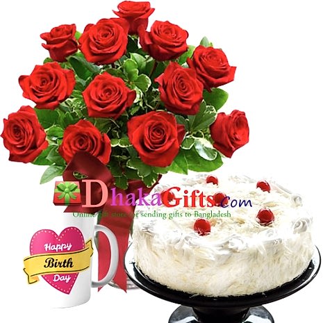 send one dozen red roses in vase and mug with cake to dhaka