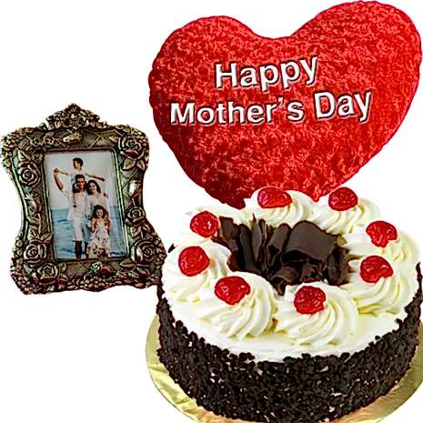 send black forest round cake with photo frame and pillow to dhaka