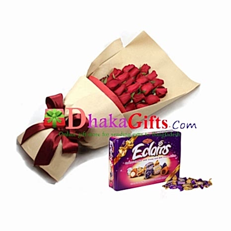 send eclairs chocolate in a box with 12 red roses bouquet to bangladesh