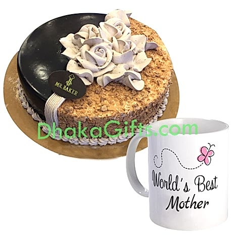 hazle nut round cake with decorated mug send to dhaka