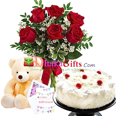 delivery birthday gifts 6 pcs red roses in vase, teddy bear with cake to dhaka