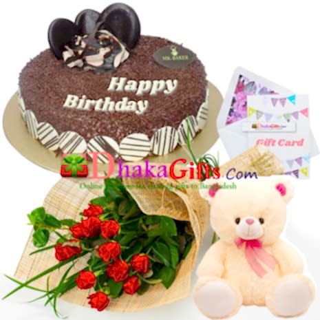 send one dozen red roses bouquet, teddy with cake to dhaka