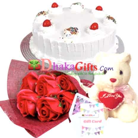 delivery red roses bouquet, teddy bear with vanila cake to dhaka