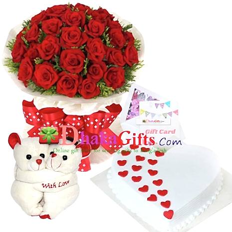 send three dozen red roses bouquet with joint bear, cake to dhaka