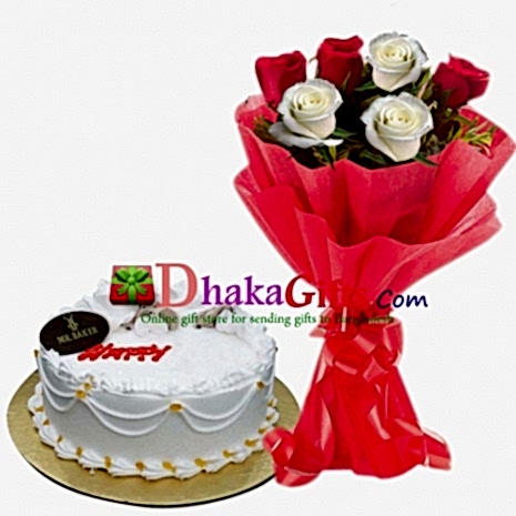 send mr baker vanilla round cake with roses in bouquet dhaka