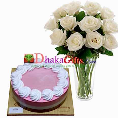 send white roses in vase with pink lemonade cake to dhaka