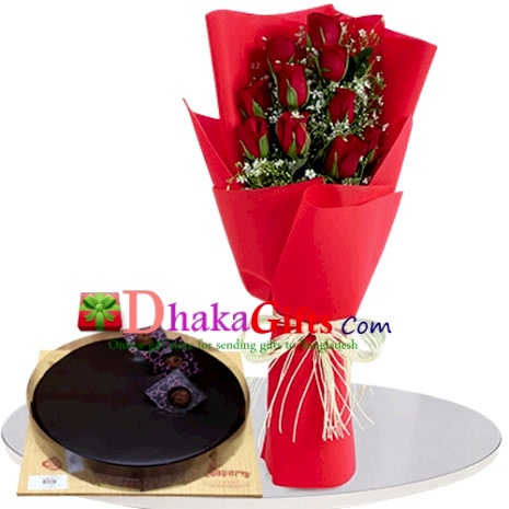 send chocolate round cake with 12 red roses bouquet bd