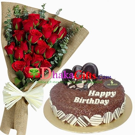 send 12 red roses with chocolate rice round cake to dhaka