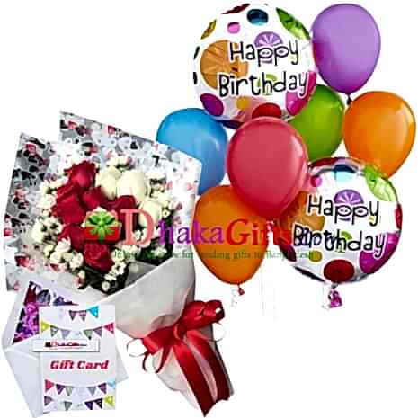send 12 pcs roses in bouquet, 8 pcs balloon to dhaka