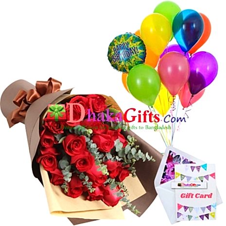 send 24 pcs red roses bouquet with 13 pcs balloon to dhaka