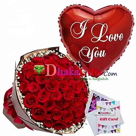 send 50 pcs red roses bouquet with balloon to dhaka