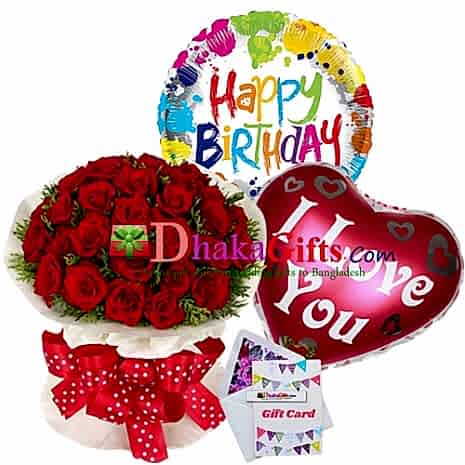 send three dozen red roses bouquet with 2 mylar balloon  to dhaka