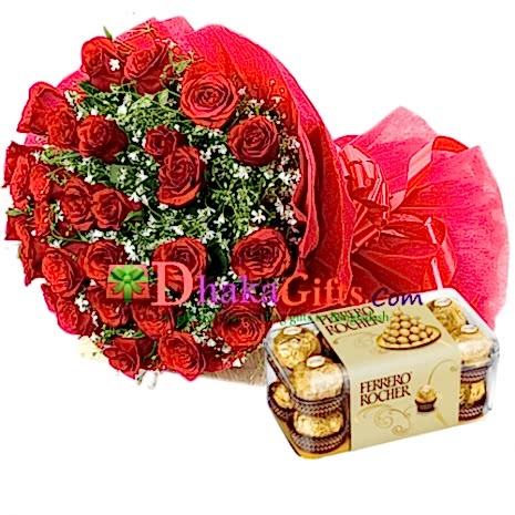 Send to 24 Red Roses in Bouquet with 16 Ferrero Rocher Chocolate to Dhaka