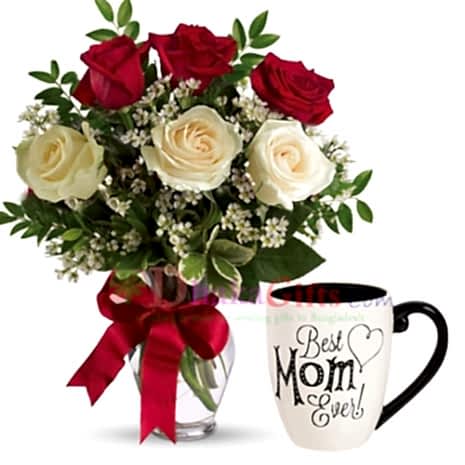 delivery roses in vase with decorated mug dhaka
