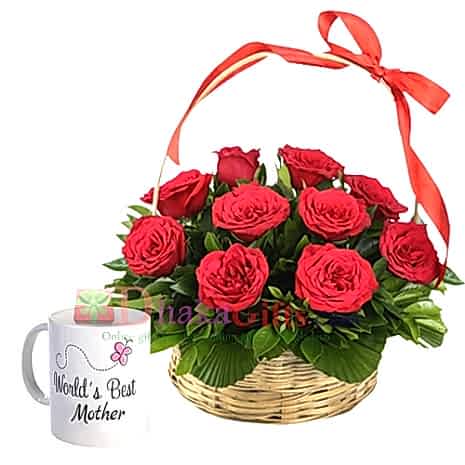 send red roses in basket with mothers day mug to dhaka