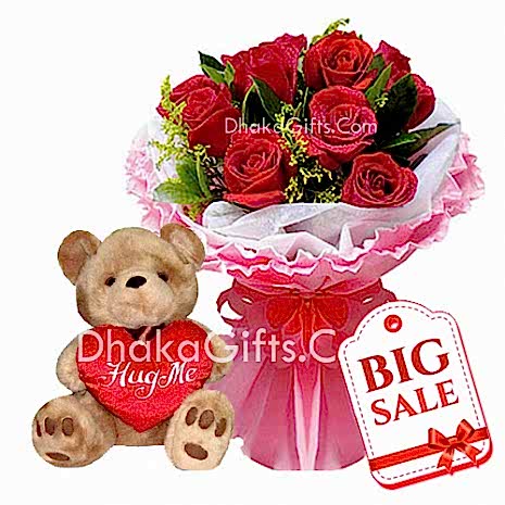 8 Red Roses Bouquet with Medium teddy Bear