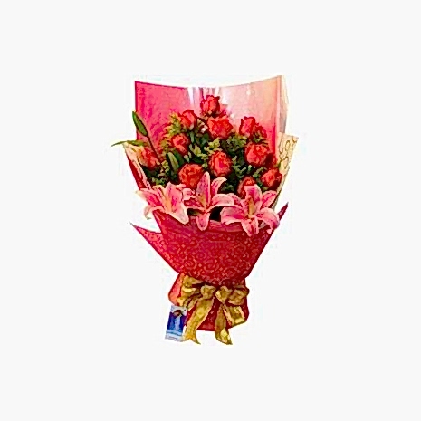 12 Red Roses with Lily Bouquet