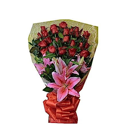 24 Red Roses Bouquet with Pink Lily