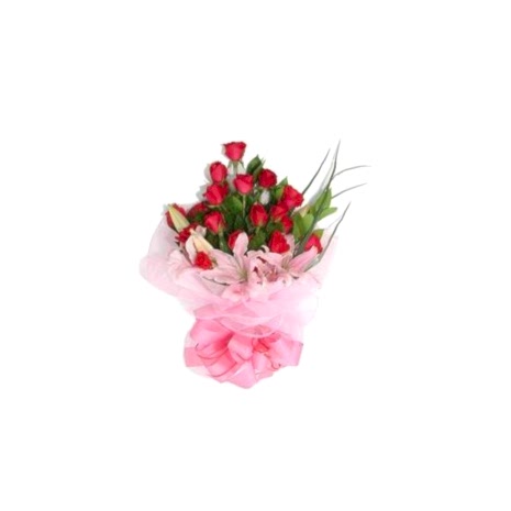 Send 12 Red Roses Bouquet with 2 Pink Lily to Dhaka in Bangladesh