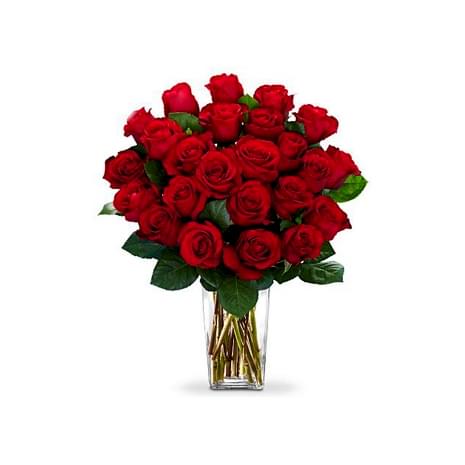 send two dozen red roses arranged in a glass vase to dhaka in bangladesh